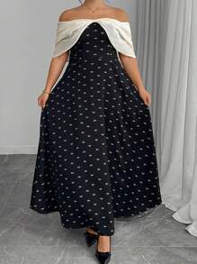 Modelyn Plus Size Black Print Contrast Apricot Butterfly Off Shoulder Cinched Waist A-Line Dress - Black - View 4