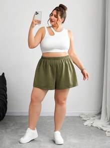 SHEIN CURVE+ 3 件套大码女式做旧复古针织街头服饰，抽绳腰部休闲短裤，春夏季、节日和音乐会，西式夏季/乡村/海滩度假/海滩/沙滩装