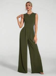 SHEIN Tall 休闲优雅无袖阔腿黑色连体裤 - 軍綠色 - 查看 3