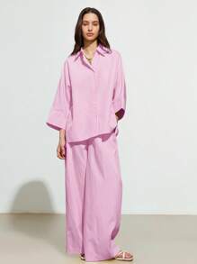 GENKIRA 女士休闲条纹宽松衬衫和高腰阔腿裤两件套 - 粉色 - 查看 5