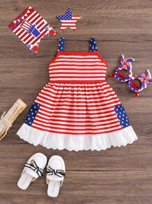 SHEIN Baby Girls' Casual Simple Comfortable Stripe Color Block Pocket Bow Decor Dress - Red - View 2