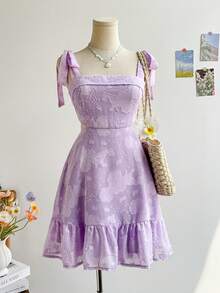 Soleia Women's Lace Cutout Mini Dress, Romantic Texture, Folded Collar, Backless With Waist Cutout, Self-Tie Shoulder Straps, Flounced Hem, Suitable For Party, Date, Valentine's Day, Afternoon Tea, Wedding, Casual Beach, Cruise, Carnival, Easter Lavender Dress Lilac Dress Purple Summer Dress Purple Dress Violet Dress Cottagecore Dress - Pink - View 1