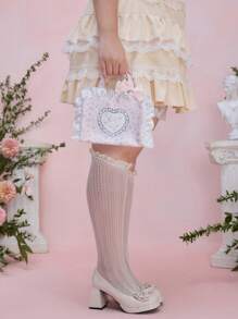 ROMWE Kawaii Borsa portatrucchi portatile di grandi dimensioni, con motivi carini da ragazza in pizzo bianco, quadretti rosa e fiocchi