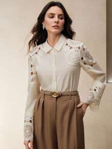 Anewsta Áo cánh nữ thêu rỗng kích thước tiêu chuẩn thời trang chất lượng cao cho mùa xuân và mùa hè - Màu be - Xem 4