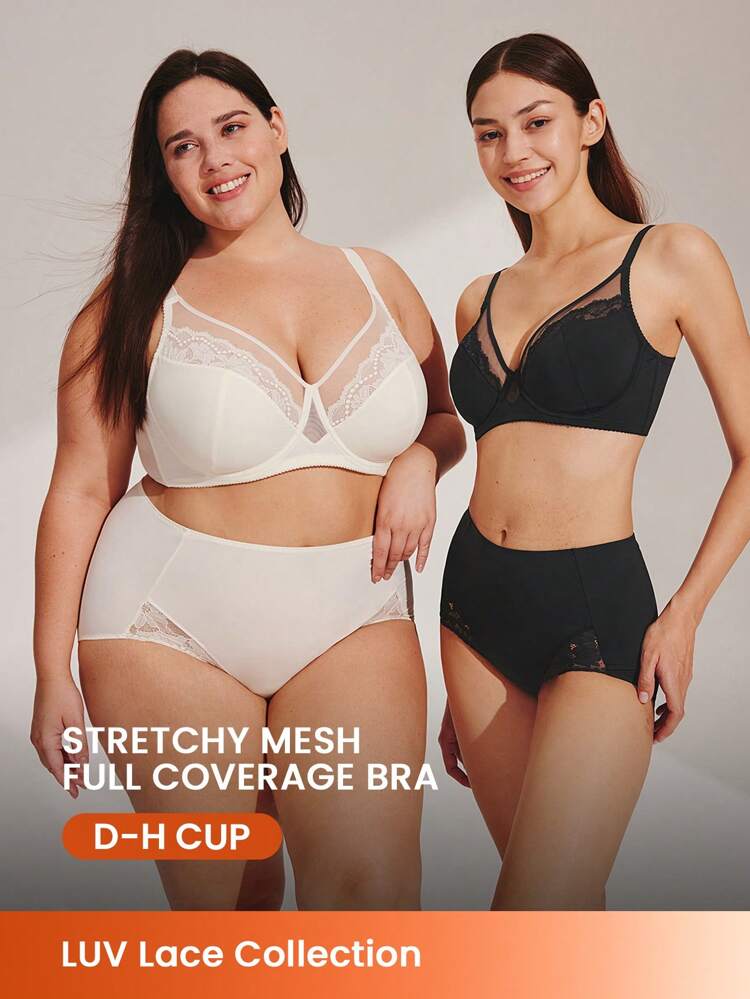 Plus Full Coverage Unlined Mesh & Lace Bra