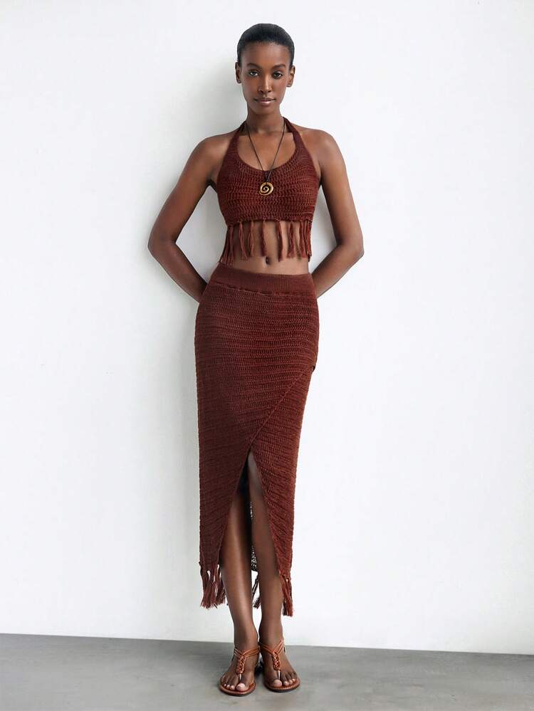 SHEIN Maija Women Vacation Casual Tasseled Hem Backless Halter Knitted Top & Skirt 2 Pieces Set