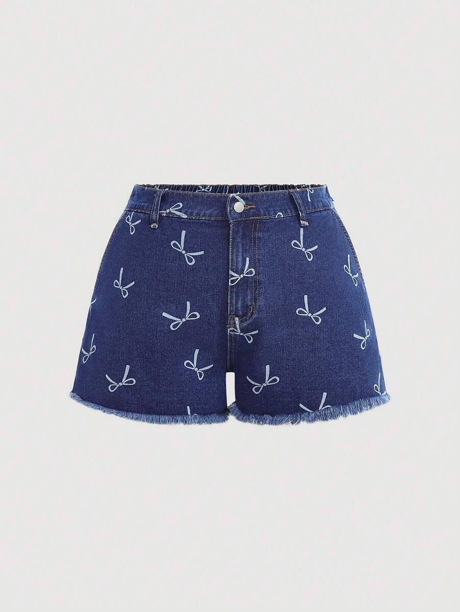 SHEIN MOD Große Größen Denim Shorts, lässig geschnitten mit hoher Taille und Schleifendekor, blau