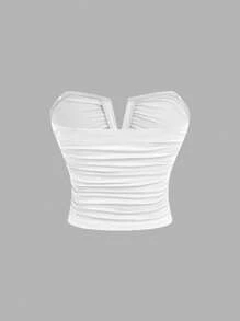 SHEIN MOD 3pcs/Set Women's White Deep V Neck Ruched Camisole Top,Rave,Graduation ,Romantic ,Summer ,Festival,Country Outfits,Beach Vacation Wear,Tea Party ,Modest ,Prom Top,Tube Top With Bra - Black and White - View 7