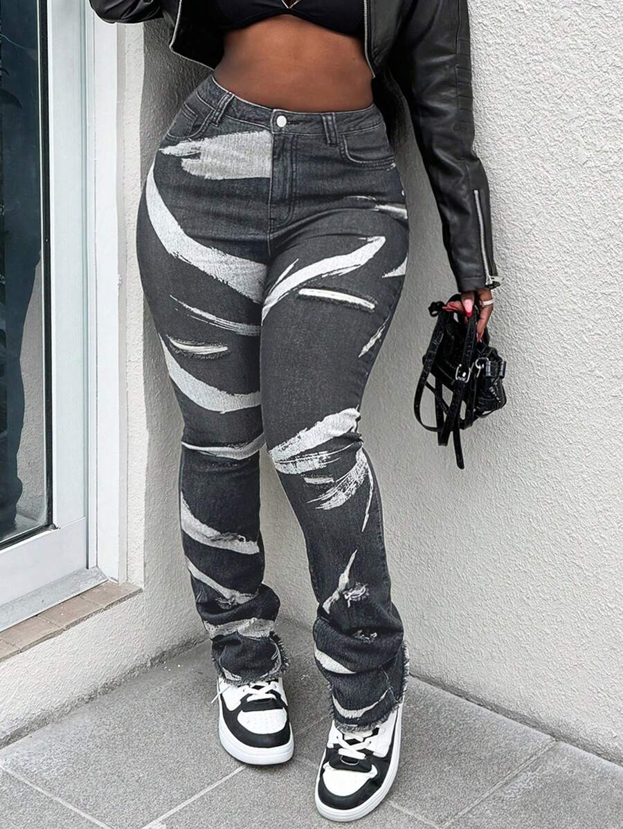 Slaydiva Plus Size Sexy Skinny Stretch Distressed Long Jeans Women Jeans Plus Size  Women Pants Grey Pants Women Camo Cargo Pants Women