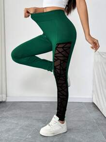 SHEIN LUNE Women's Semi-Transparent Patchwork Casual Pants Fall Cloth For Women - Green - View 5