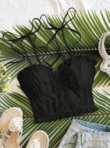 Soleia White Floral Textured Ruffle Trim Women's Camisole Tank Top For Vacation Black Eyelet Top Black Tie Strap Top Black Summer Top Black Crop Top Black Ruffled Top