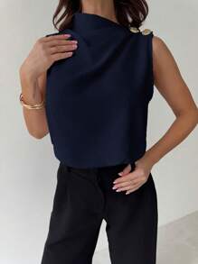 Firerie 不对称褶皱领金属纽扣无袖修身白色办公室衬衫，优雅复古现代日常通勤，情人节春夏新品 - 藏蓝色 - 查看 4