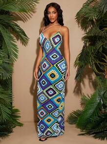 Radiana Spring/Summer Music Rock Festival Street Casual Western Wear Outfit Bohemia BOHO VACAY Color Imitation Crochet Print High Stretch Knit Halters Long Slim-Fit Dress Multicolor Maxi Dress Bodycon Maxi Dress Long Vacation Dress Granny Square Dress,Boho Clothes Women