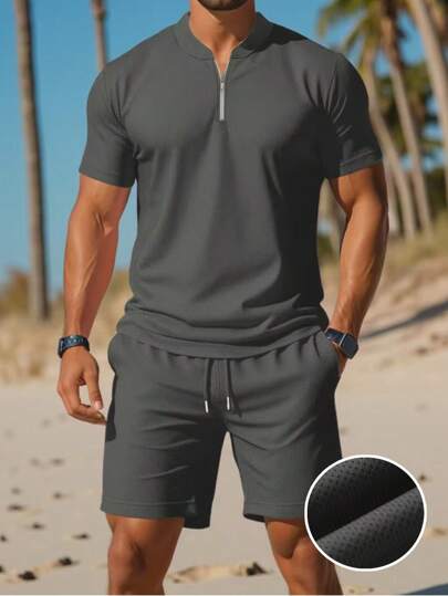 Manfinity Dauomo Conjunto de camiseta e shorts de manga curta de cor sólida casual de verão masculino