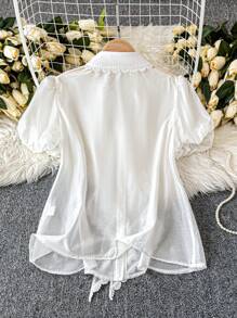SHEIN Clasi 大码夏季蕾丝拼布高端时尚设计通勤纯色泡泡袖宽松衬衫 - 白色 - 查看 2