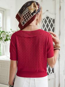 LanaWest Cárdigan de manga corta de punto con diseño calado y unicolor casual para vacaciones para mujeres - Rojo - Ver 2