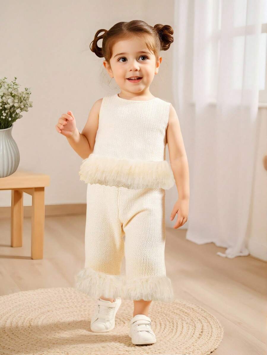 2pcs/Set Baby GirlFashion Camisole And Straight Leg Pants Outfit - Apricot - View 1