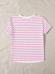 SHEIN EZwear 休闲简约粉白条纹樱桃刺绣图案圆领短袖宽松女式T恤，适合夏季 - 彩色 - 查看 2