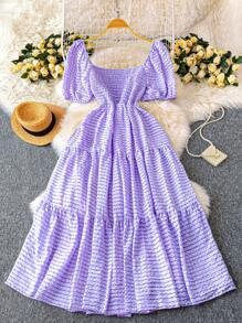 DreamSkyne Plus Size Women Summer Beach Vacation Tiered Ruffle Puff Sleeve Patchwork Dress - Purple - View 3