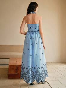 Anewsta Đầm xòe thắt eo thêu khoét cổ chữ V thanh lịch cho kỳ nghỉ, mùa xuân/hè - Màu xanh lam - Xem 7