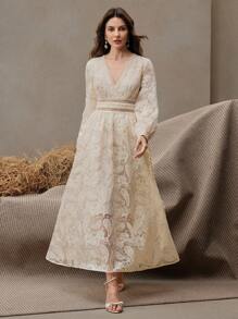 Anewsta Women's Elegant Floral Embroidered Sheer V-Neck Waist Cinching Dress, Suitable For Dates, Weddings, Graduation Ceremonies, Spring/Summer - Apricot - View 7