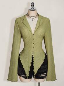 SHEIN ICON Blusa superior transparente sin sujetador con dobladillo asimétrico con volante de ICON PLUS, talla grande - 1891, Estilo Y2K