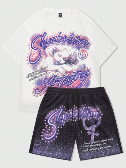 Street Life 2 Stücke Herren Y2K Streetwear Set mit religiösem Aufdruck bestehend aus Kurzarm T-Shirt und Shorts, geeignet für Frühling/Sommer Alltag