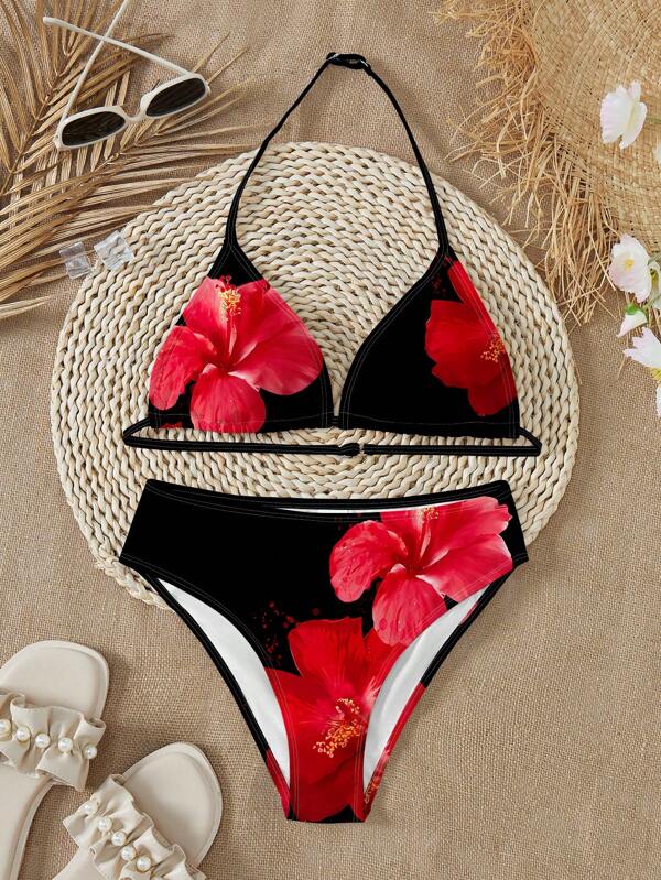 Teen Girls Casual Minimalist Hibiscus, Flame Of The Forest Floral Print Cami Crop Top And Shorts Swimsuit Set, Suitable For Summer #Coconutgirl, Cool Wear Collection, Family Outing Season, Spring And Summer Street Style, Beach Mode On, Kids Swimwear