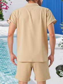 Manfinity Homme Men's Flower & Letter Graphic Short Sleeve Shirt Set - Khaki - View 2