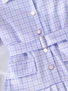 Váy phong cách học thuật thanh lịch thường ngày cho bé gái tuổi mới lớn, váy chữ A xếp ly cổ bẻ, vải họa tiết màu tím, tay bồng, có thắt lưng, thích hợp cho các buổi đi chơi, kỳ nghỉ, đi học, mùa xuân/hè - Màu tím hoa cà - Xem 4