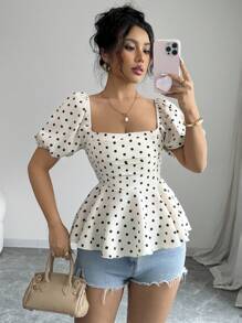 Rafferiza 女式夏季方领泡泡袖修身优雅波尔卡圆点上衣