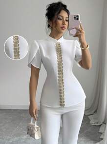 Selianne Women's Stand Collar Shirt With Gold Lace Panel