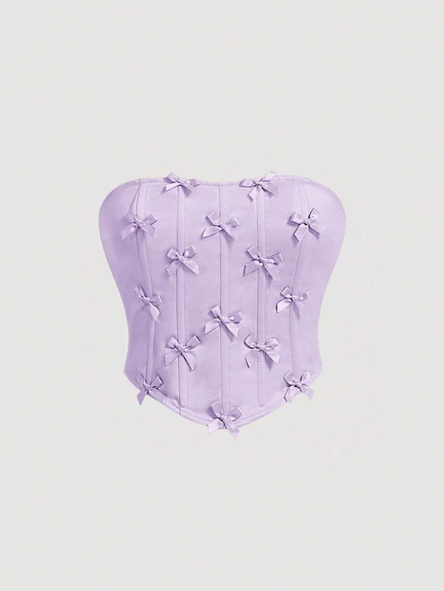 SHEIN MOD 大码女式淡紫色蝴蝶结贴片不对称下摆上衣 - 紫丁香色 - 查看 1