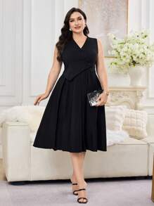 Modelyn Vestido sencillo de talla grande color negro con cuello en V sin mangas, uso casual diario