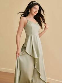 SHEIN 青少年女孩荷叶边 V 领分层细肩带派对礼服，伴娘婚礼正式服装