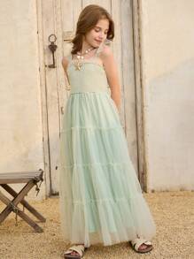 SHEIN Tween Girls Vacation Casual Mesh Cami Dress - Dusty Blue - View 6