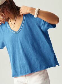 Bohemela 度假纯色V领短袖宽松露背水洗女式T恤