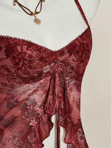 SHEIN ICON Top de tirantes tipo bata con estampado floral, volantes y escote en V, estampado de paisley al estilo bohemio de Hawai, fashionable y sexy para el verano