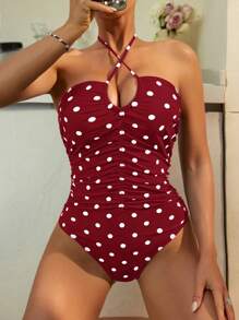 Women Polka Dot Printed Ruffle Monokini Sexy Criss-Cross Backless Swimsuit For Beach Vacation For Summer - Red - View 4