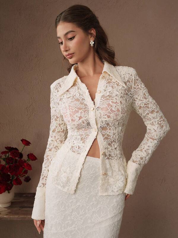 Savoree Women's Lace See-Through Sexy Cinched Waist Long Sleeve Blouse