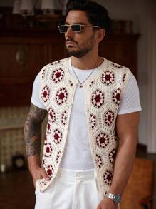Manfinity CityGents Men's Contrast Color Sleeveless Casual Open Front Knit Top, Summer Men Mexican Shirt , Crochet Vest, Boho Floral Vest