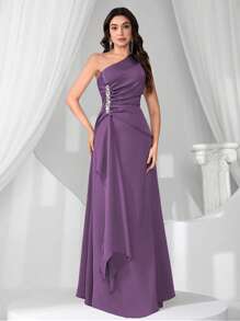 Coutiva Nuevo vestido elegante de moda ajustado de cuello asimétrico sin mangas, vestido formal, de fiesta, de gala, para eventos, invitada de boda - Morado - Ver 5