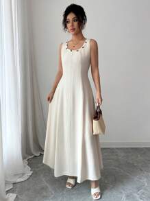 Gloray Damen Leinenkleid mit rundem Ausschnitt und ärmellos für den Berufsalltag