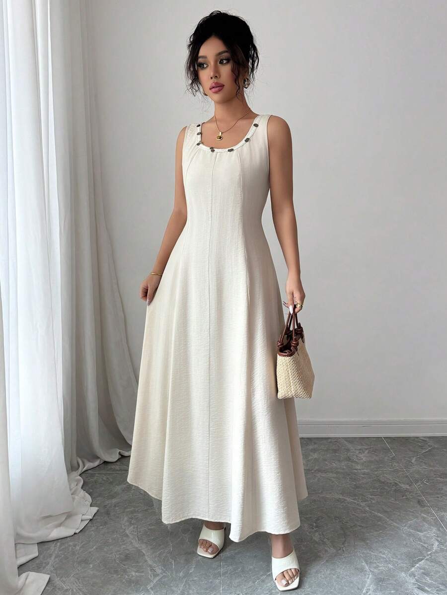 Gloray Damen Leinenkleid mit rundem Ausschnitt und ärmellos für den Berufsalltag