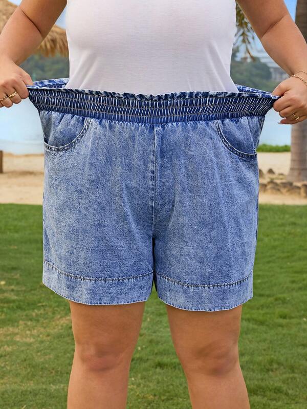 EMERY ROSE Plus Size Blue Denim Elastic Waist Loose Shorts Summer Vacation Cowgirl Western Wear Business Casual Festival Airport Graduation Ibiza Beach Hawaii Concert Boho 2025 4th Of July Graduation Baggy Jeans High Waisted Shorts Flowy Pants Ruffle Shorts