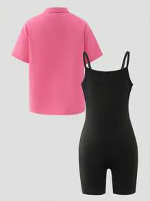 SHEIN Explorewe Tween Girl Pink Short Sleeve Shirt And Black Suspender Jumpsuit, Casual Summer Streetwear 2pcs Set - Pink - View 2