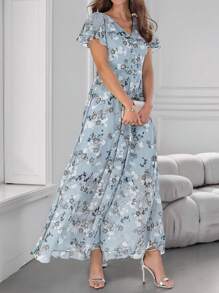 Vestido de verano para mujer con estampado floral, cuello en V y mangas de vuelo para vacaciones