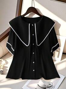 Calvaya Plus Size Women's Versatile Contrast Color Casual Black Blouse - Black - View 1