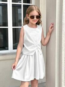 SHEIN مجموعة بنطلون قصير و سترة بدون أكمام ، من قطعتين ذات لون أحادي أنيق للبنات المراهقات