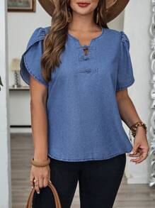 EMERY ROSE EMERY ROSE Women Plus Size Solid Color Casual Short Sleeve Denim Top Summer Clothing Clothes Woman Dress Formal Tops Crop - Medium Wash - View 5